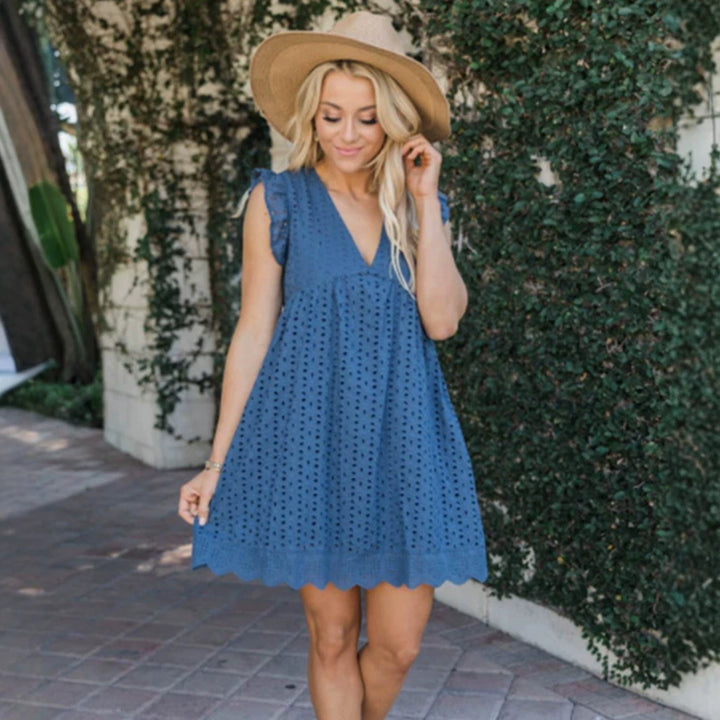 Women's Broderie-Anglaise Mini Dress with V-Neck, Ruffled Sleeves, and Insert Pockets Mune Fashion