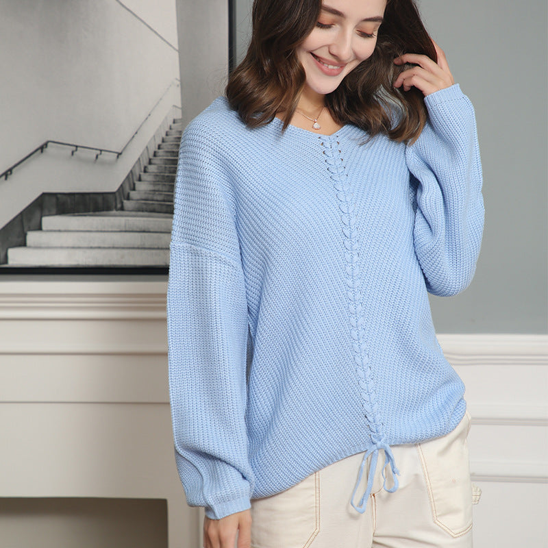 Women's knit sweater with cable center seam, V-neck and drawstring Mune Fashion