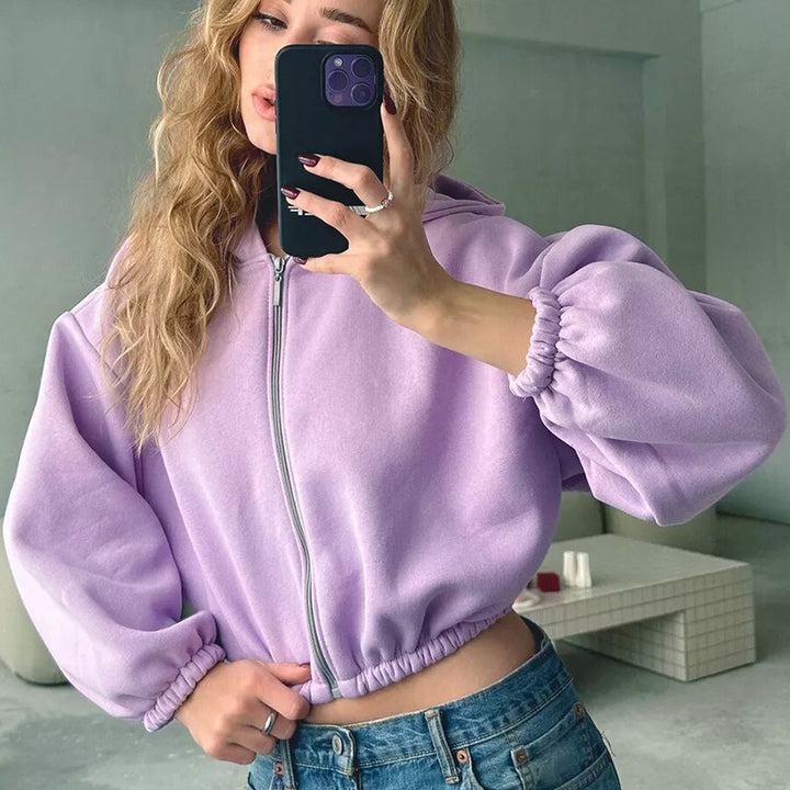Women's short oversized hooded sweatshirt with zipper, balloon sleeves and elastic hem Mune Fashion