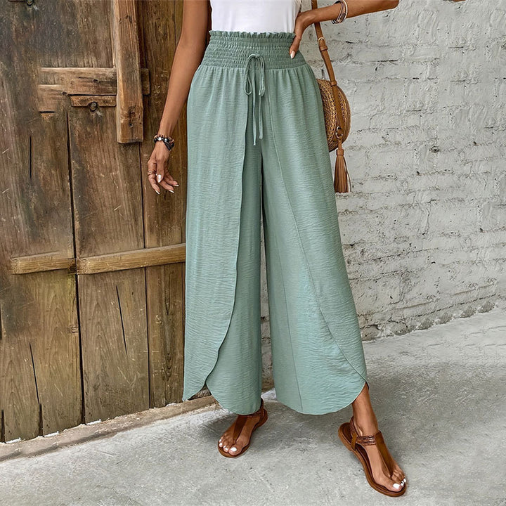 Ladies nan wrap maxi skirt with high smocked waistband and integrated palazzo pants lining Mune Fashion