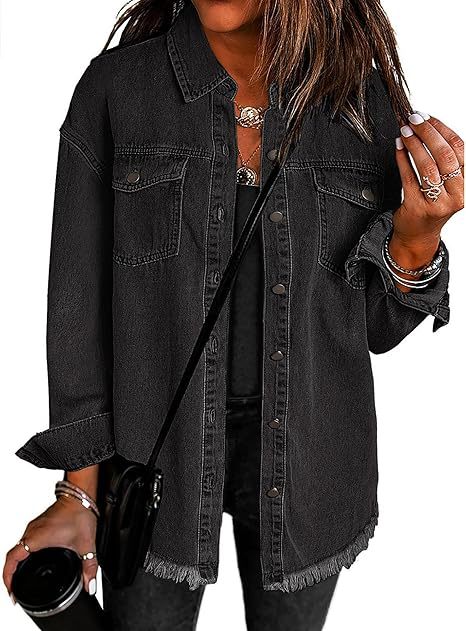 Women's Oversized Denim Shirt Jacket with Fringe Hem Mune Fashion