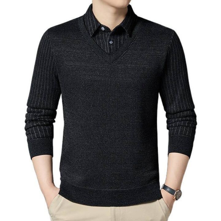 Men's fine knit sweater with V-neck and integrated polo collar Mune Fashion