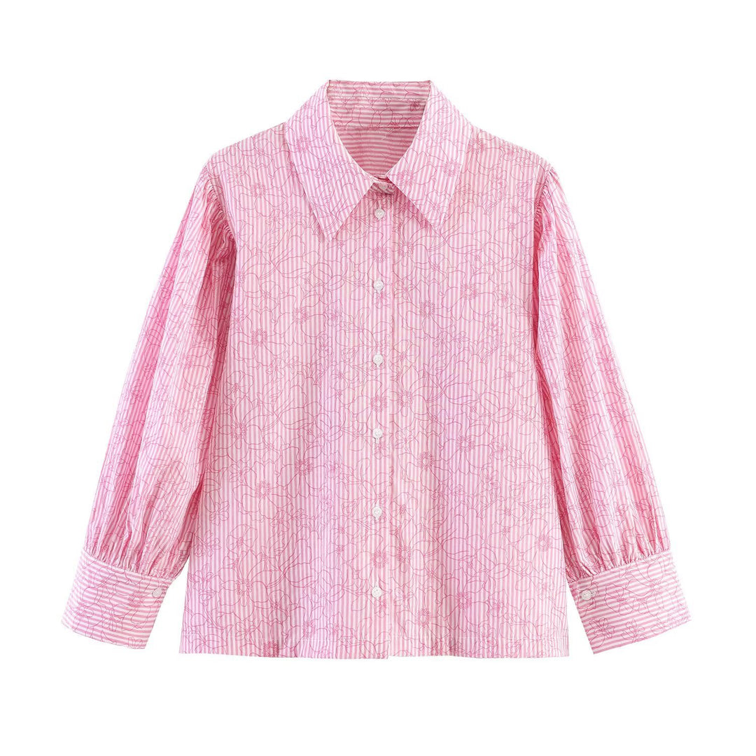 Women Striped Cotton Blouse with Puff Sleeves and Tonal Embroidery Mune Fashion