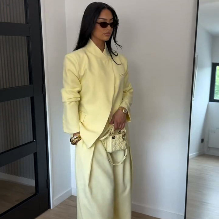 Women Two-Piece Oversized Blazer with Stand Collar and Wide Pleated Trousers Mune Fashion