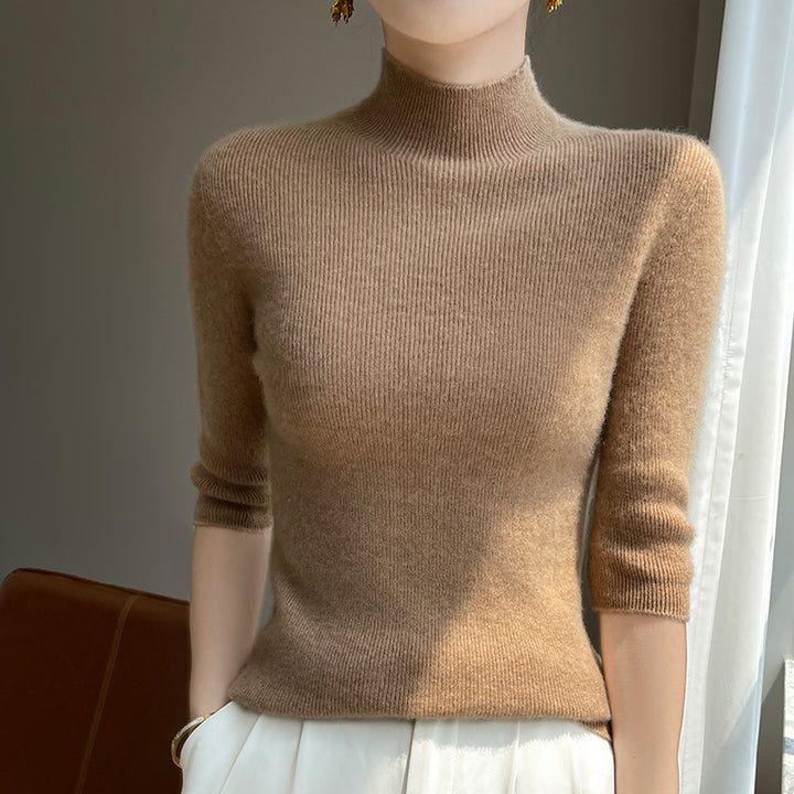 Women's Short Sleeve Mock Neck Sweater with Fluffy Angora Look Mune Fashion