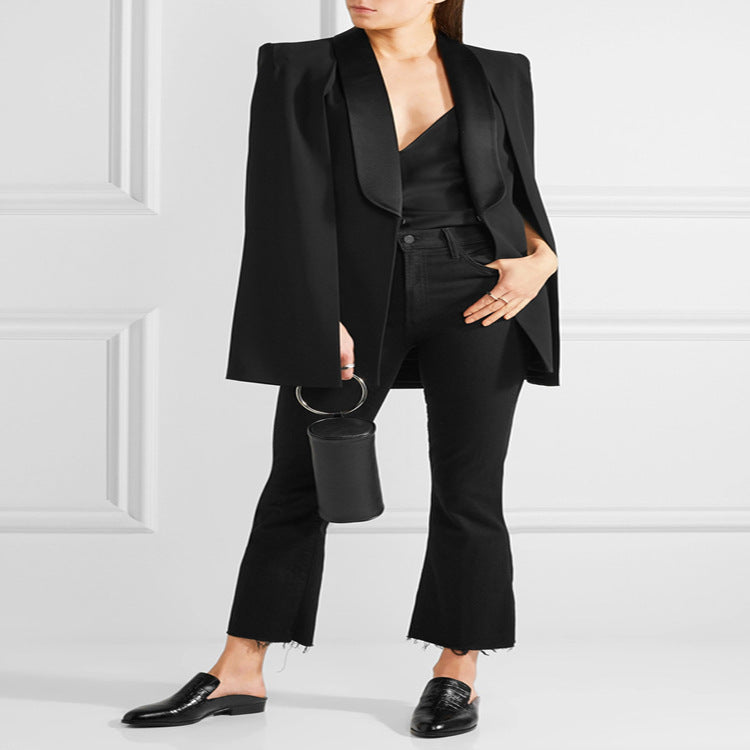 Women Tailored Evening Cape Blazer with Satin Shawl Collar and Cape Sleeves Mune Fashion