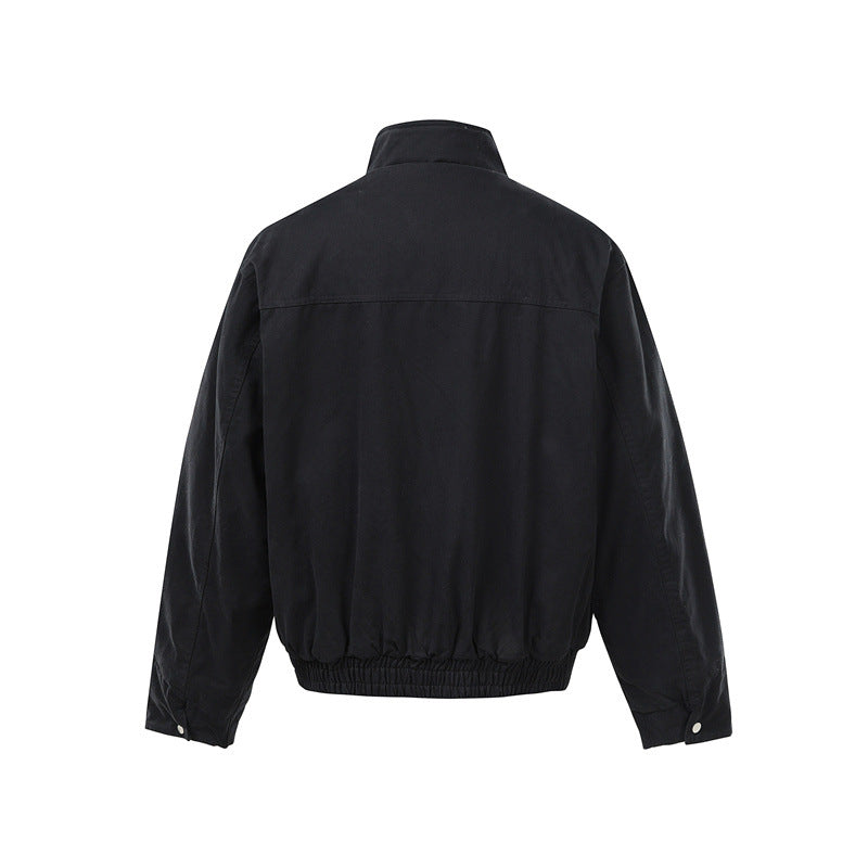 Men's Short Boxy Utility Bomber Jacket made of Canvas with Quilted Front Yoke and Stand-Up Collar Mune Fashion