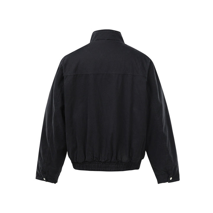Men's Short Boxy Utility Bomber Jacket made of Canvas with Quilted Front Yoke and Stand-Up Collar Mune Fashion