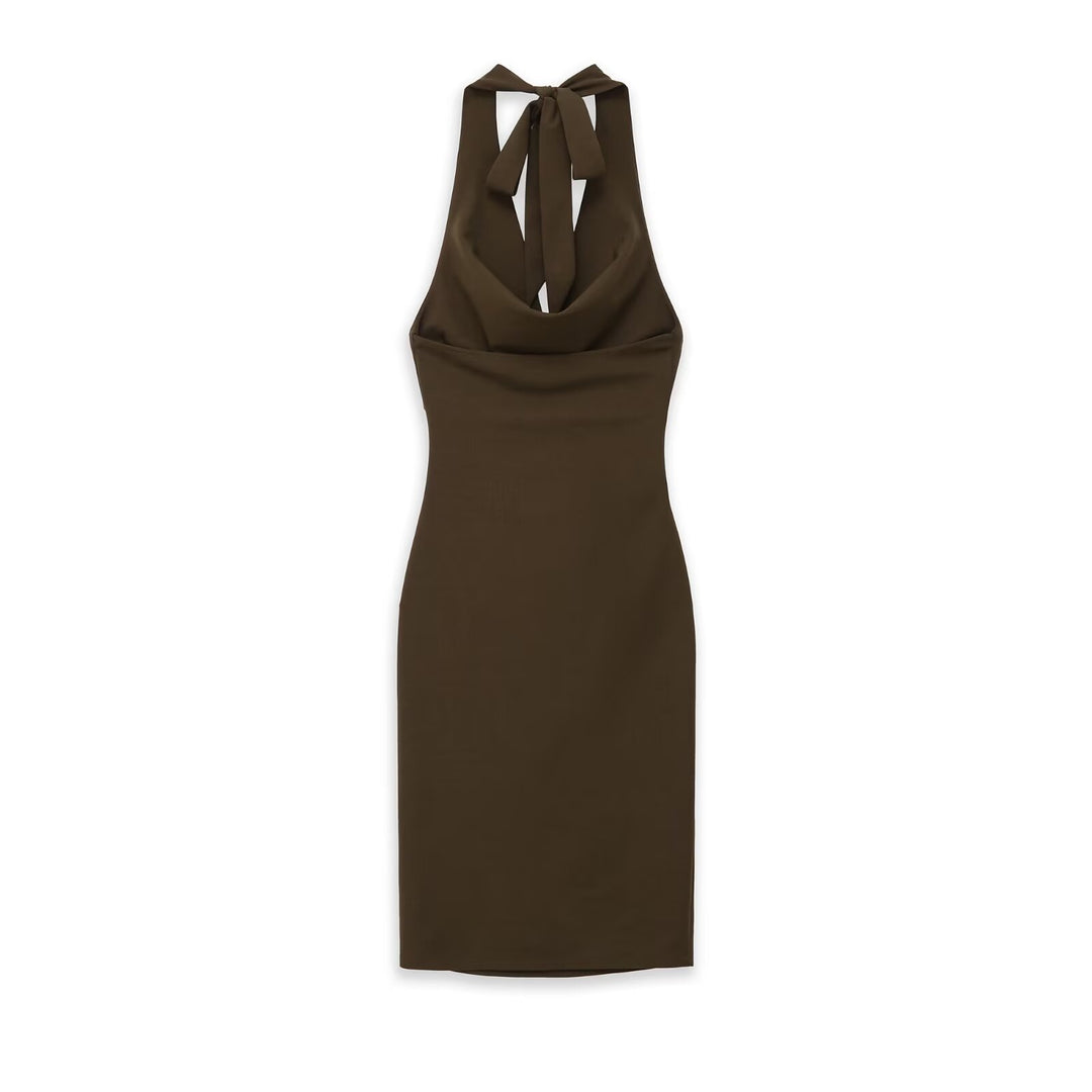 Ladies midi dress with halter neck, waterfall cowl neckline and side gathering Mune Fashion