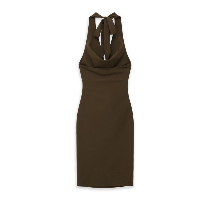 Ladies midi dress with halter neck, waterfall cowl neckline and side gathering Mune Fashion