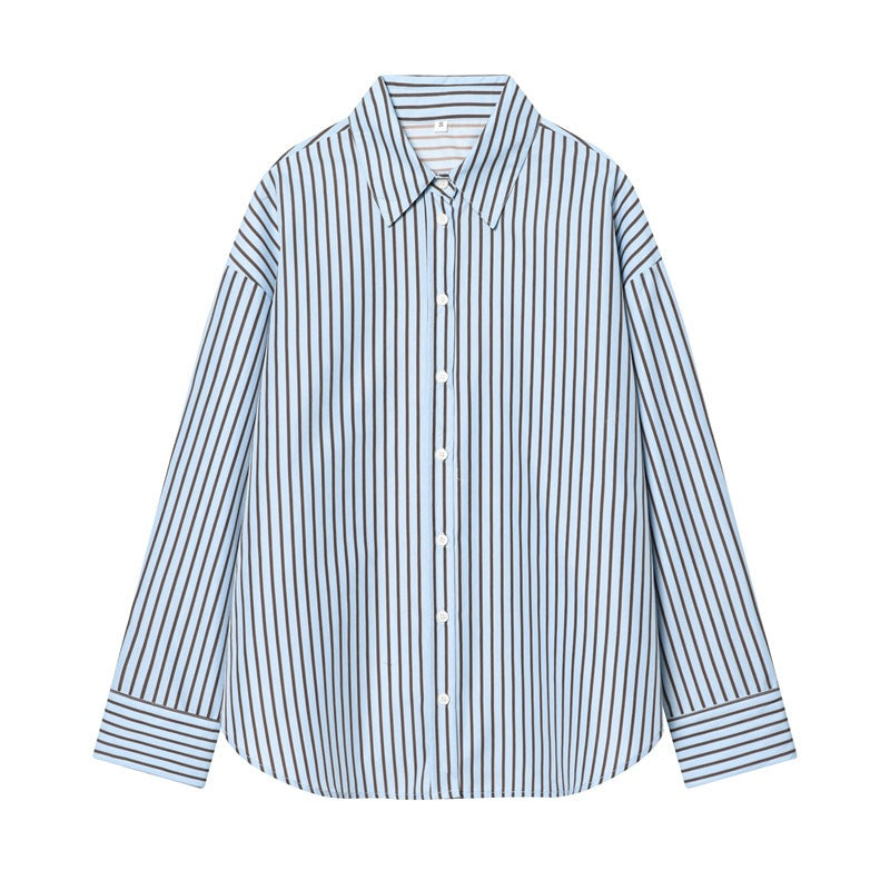 Women Oversized Shirt with Vertical Striped Pattern and Kent Collar Mune Fashion