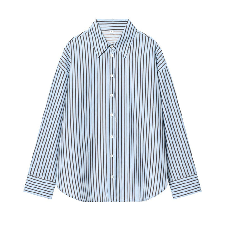 Women Oversized Shirt with Vertical Striped Pattern and Kent Collar Mune Fashion