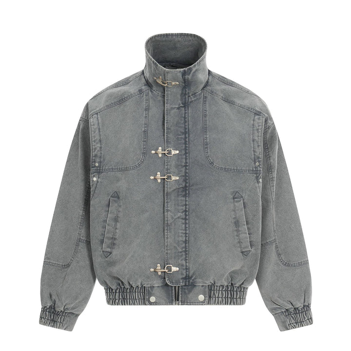 Men's Short-Cut Canvas-Denim Field Blouson with Toggle Closures and High Stand-Up Collar Mune Fashion