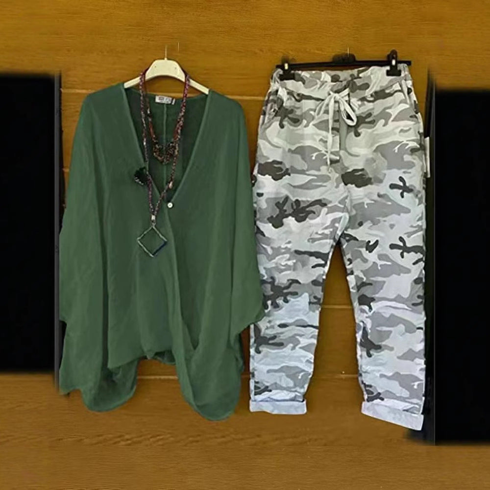 Women's two-piece outfit consisting of flowing kimono top and camouflage jogging pants Mune Fashion