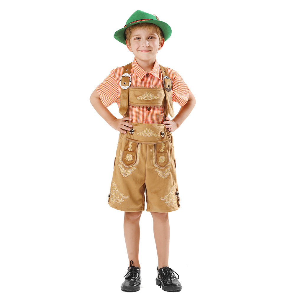 Unisex traditional children's outfit set leather shorts with embroidery and checked shirt Mune Fashion