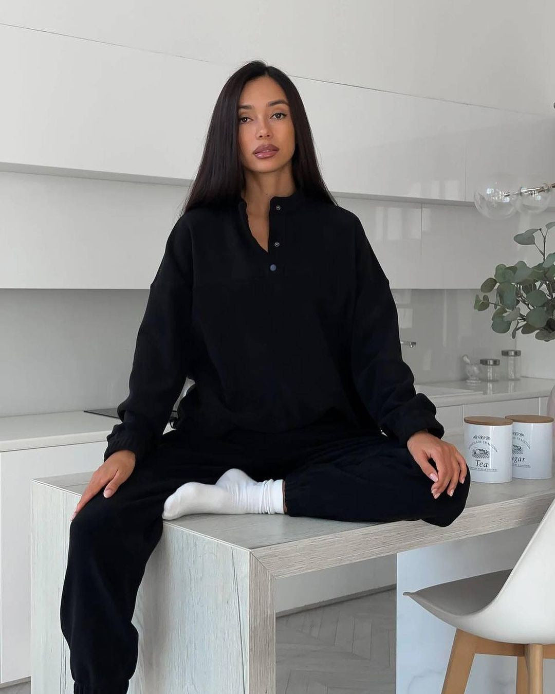Women's Oversized Fleece Set with Henley Collar and Soft Jogging Pants Mune Fashion