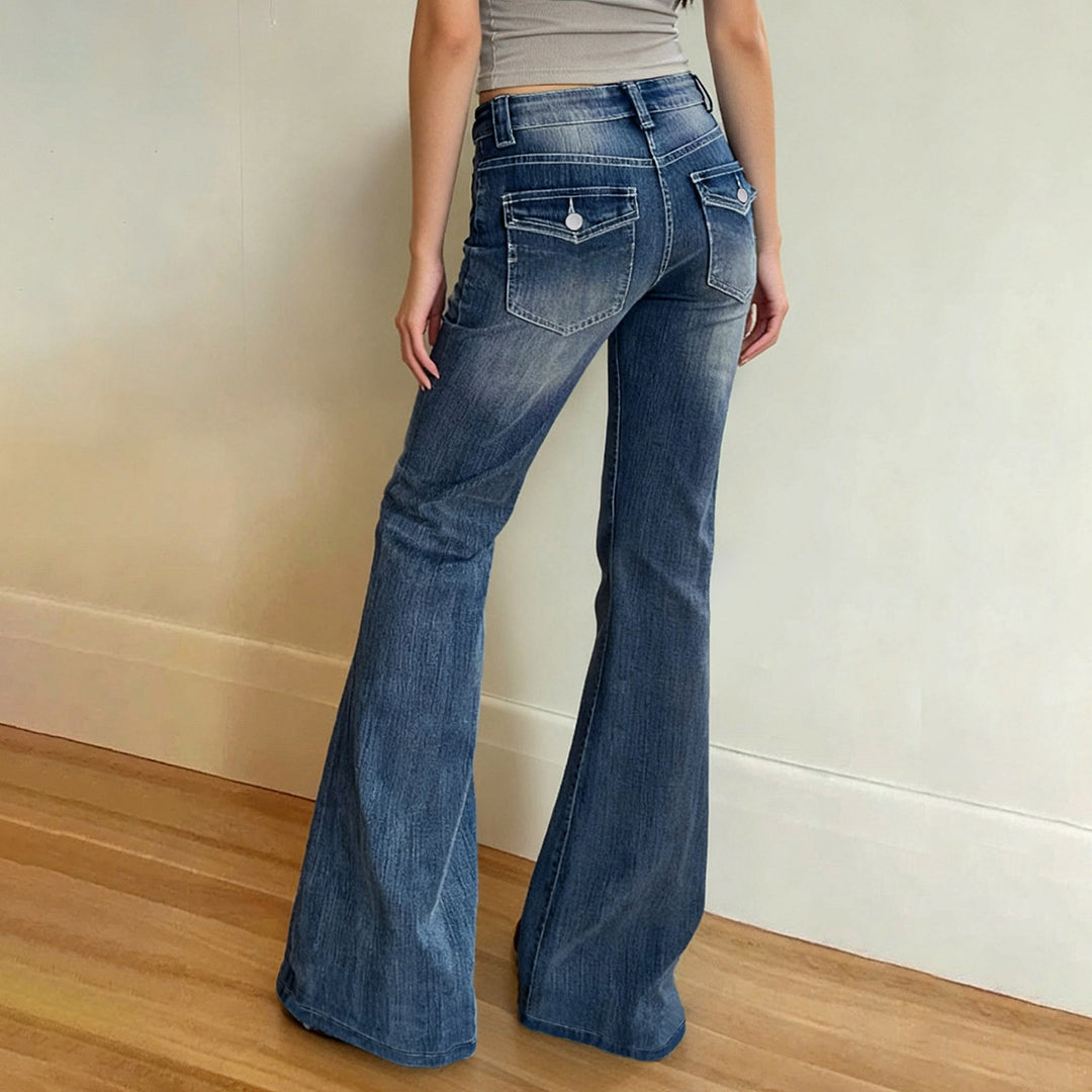 Women's High-Waisted Flared Jeans with Used Wash and Five-Pocket Mune Fashion