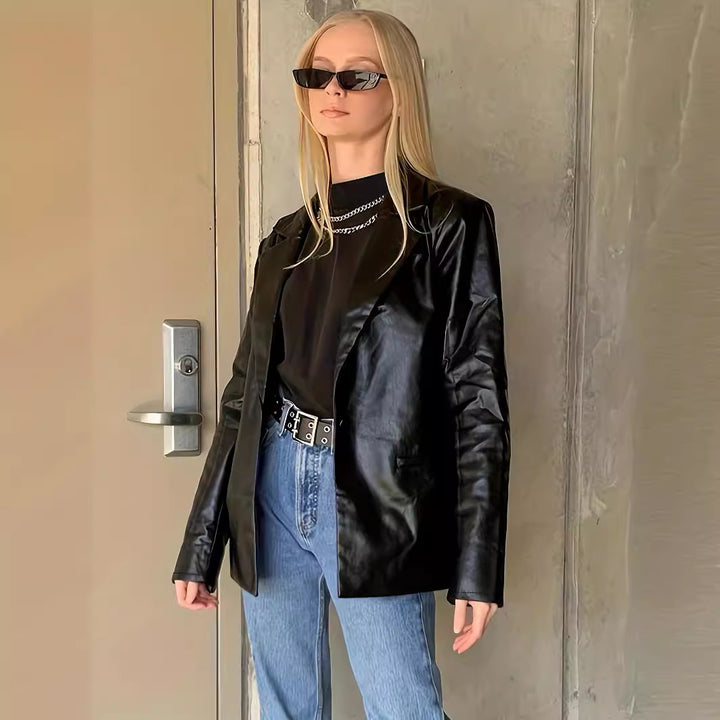 Women Oversized Blazer in Leather Look with Structured Shoulders Mune Fashion