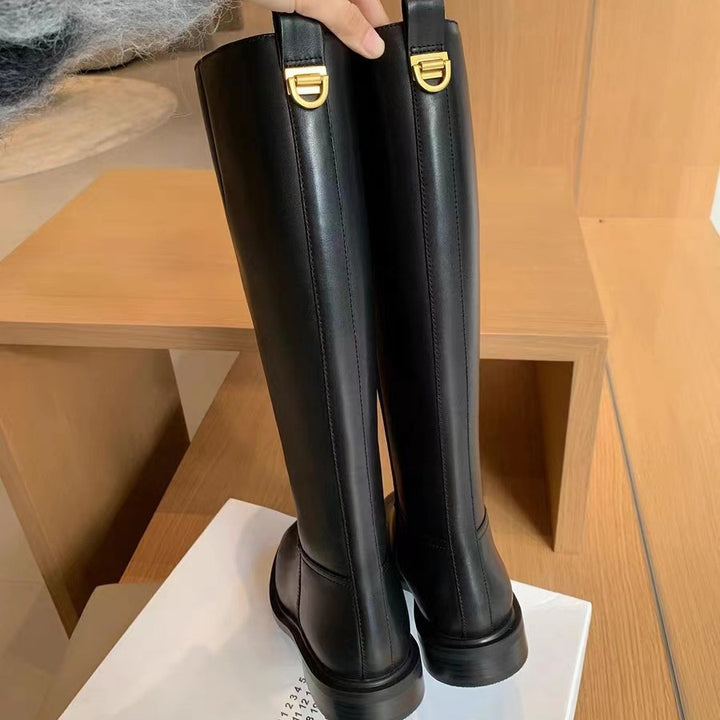 Women Knee-High Smooth Leather Boots with Sleek Silhouette and Flat Profile Sole Mune Fashion