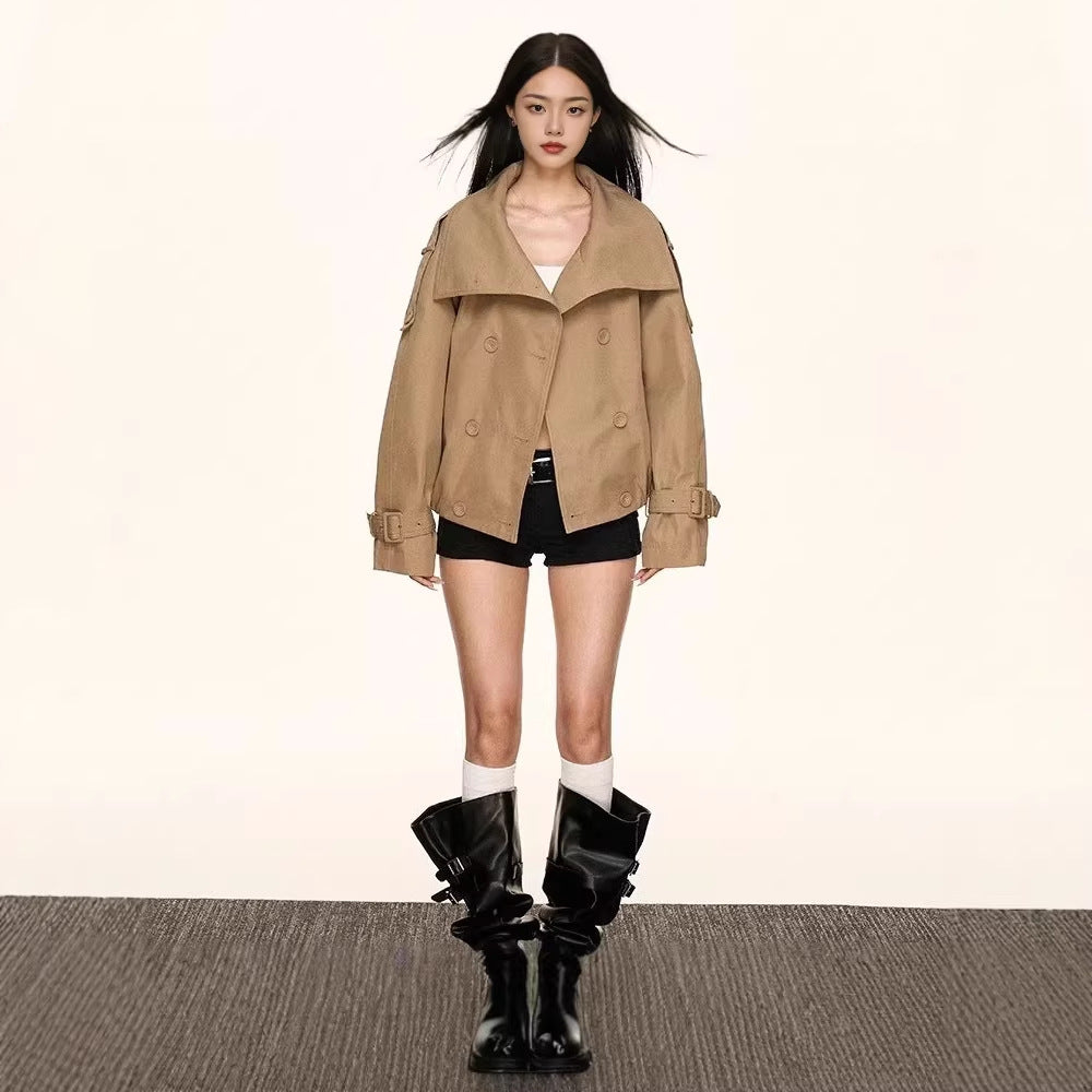 Women Oversized Double-Breasted Trench Bomber Jacket with High Stand-Up Collar Mune Fashion