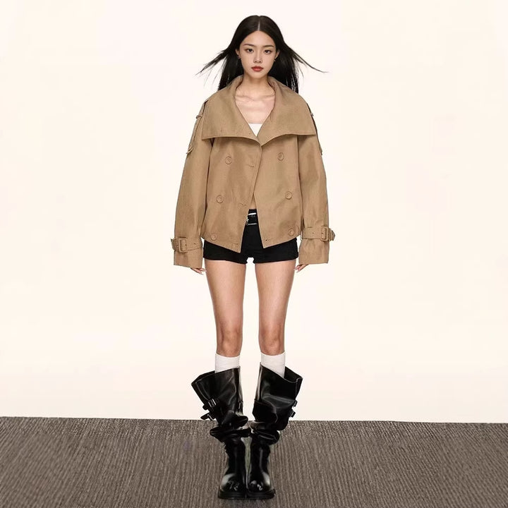 Women Oversized Double-Breasted Trench Bomber Jacket with High Stand-Up Collar Mune Fashion
