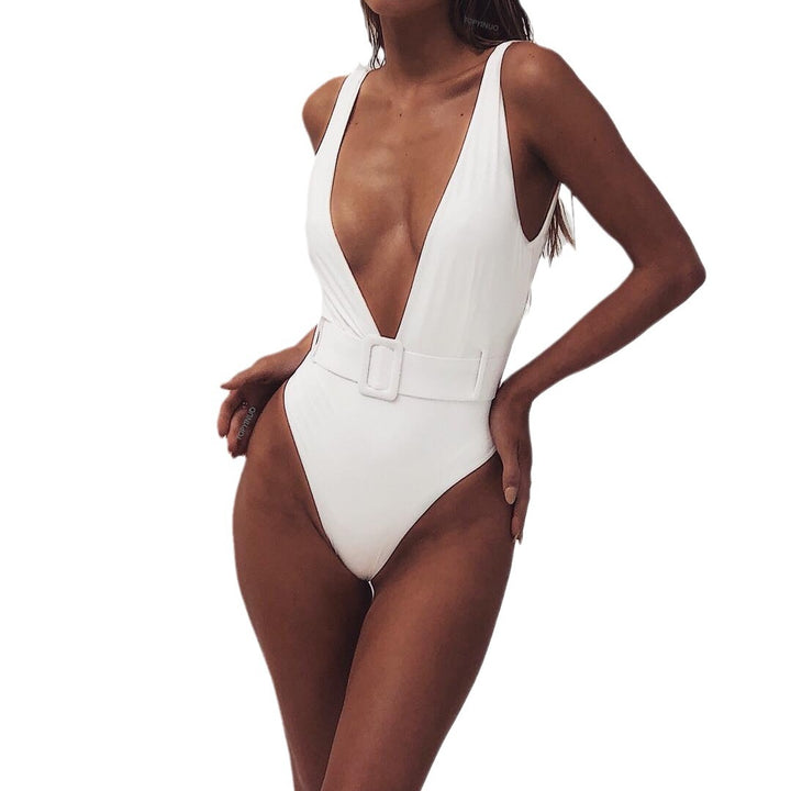 Women's One-Piece Swimsuit with Glamorous V-Neck and Stylish Belt Detail Mune Fashion