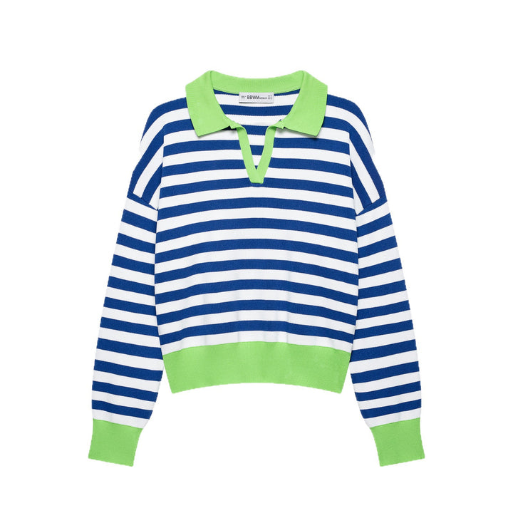 Women's Striped Cropped Polo Sweater in Fine Knit with Balloon Sleeves Mune Fashion