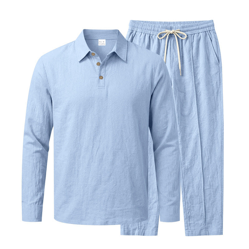 Men's Long Sleeve Polo Shirt and Relax Pants Set in Linen Look with Drawstring Mune Fashion