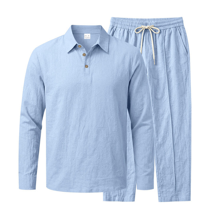 Men's Long Sleeve Polo Shirt and Relax Pants Set in Linen Look with Drawstring Mune Fashion