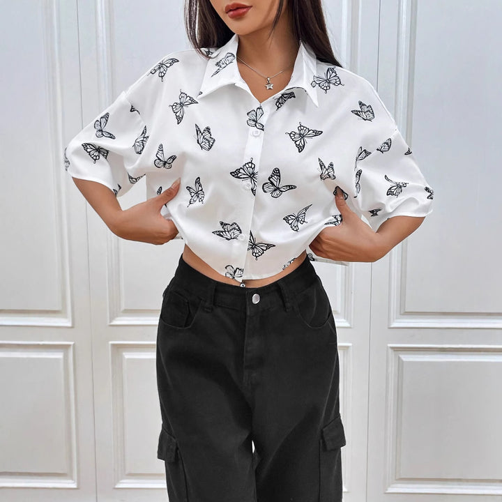 Women's Short Cropped Boxy Shirt Blouse with Butterfly Print Drune