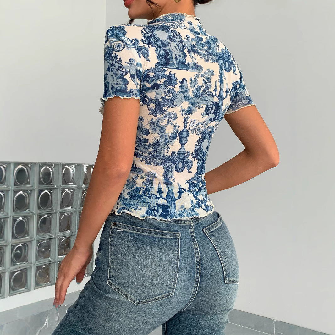 Women's fitted short-sleeved mesh shirt with stand-up collar and romantic country house print Mune Fashion