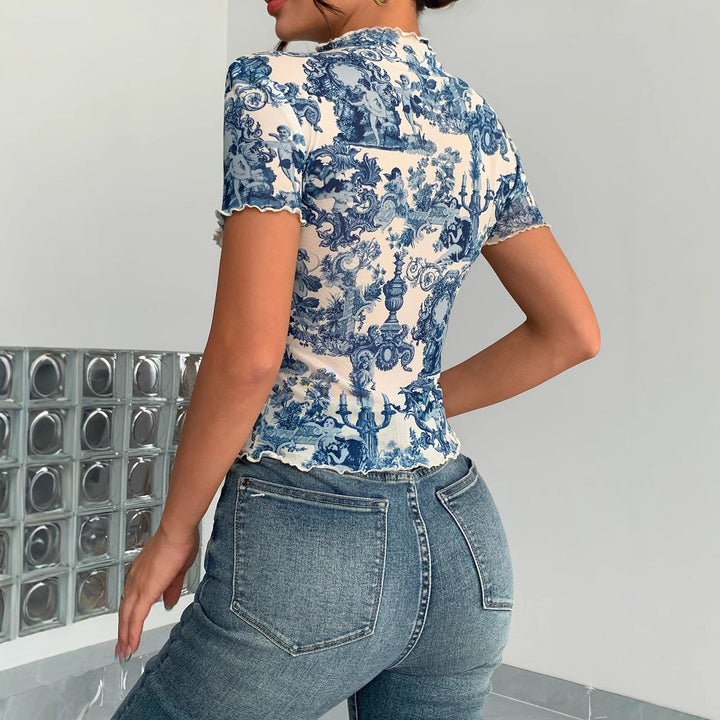 Women's fitted short-sleeved mesh shirt with stand-up collar and romantic country house print Mune Fashion