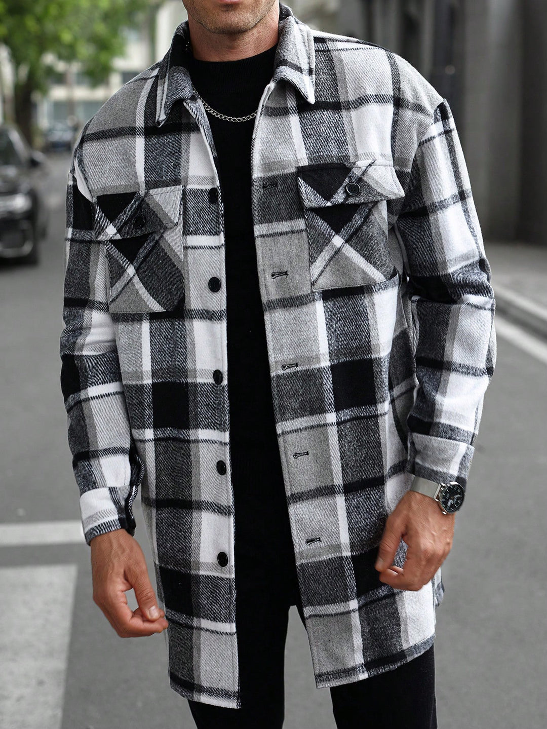 Men's checked longline overshirt with patch chest pockets and button placket Mune Fashion