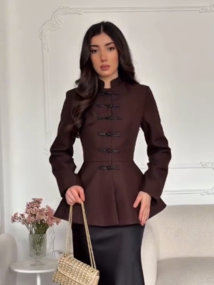 Women's Tailored Peplum Jacket with Stand Collar and Decorative Toggle Fasteners Mune Fashion