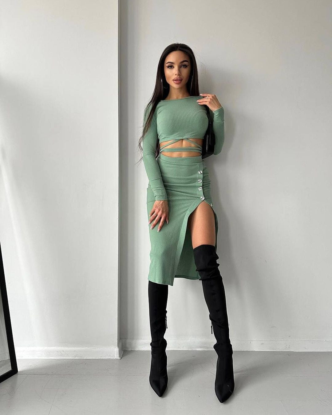 Women Ribbed Two-Piece Set with Cropped Long Sleeve Top, Wrap Band and Waist Highlighting Button Midi Skirt Mune Fashion