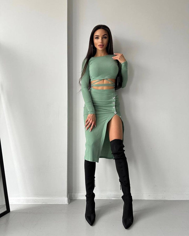 Women Ribbed Two-Piece Set with Cropped Long Sleeve Top, Wrap Band and Waist Highlighting Button Midi Skirt Mune Fashion