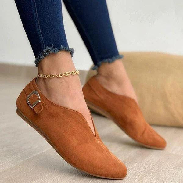 Women Flat Slip-on Ballerina with Pointed Toe Cap, V-Neck and Decorative Buckle Mune Fashion
