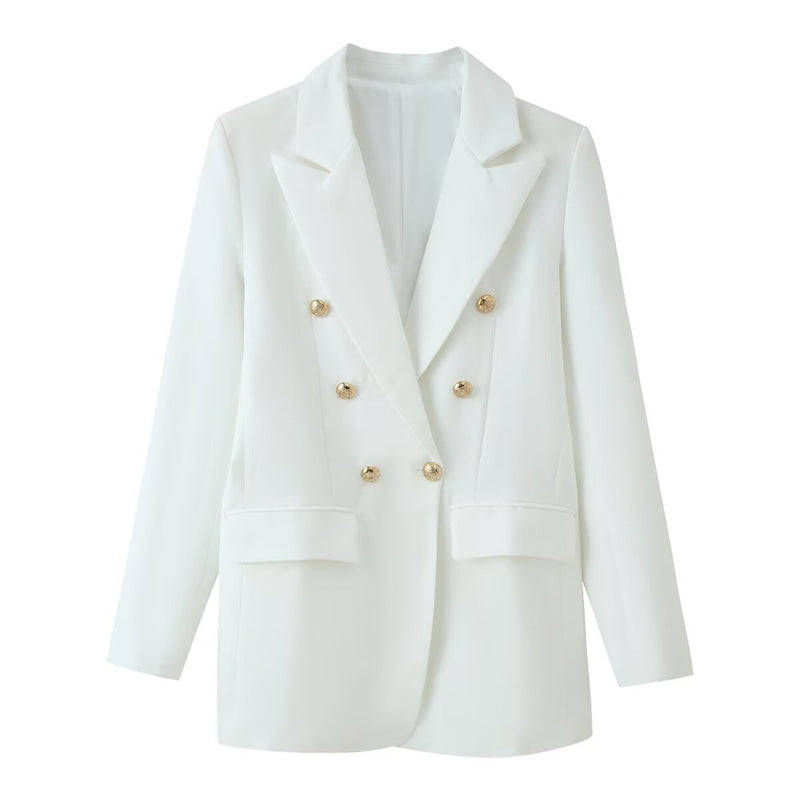 Women double-breasted longline blazer with lapel collar and decorative buttons Mune Fashion