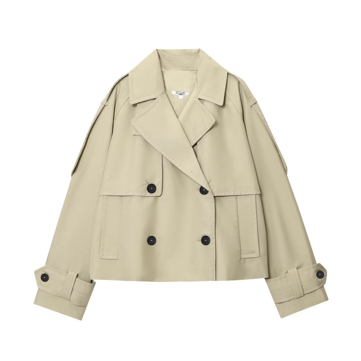 Women 300+ short double-breasted cropped trench coat with epaulettes and adjustable cuffs Mune Fashion