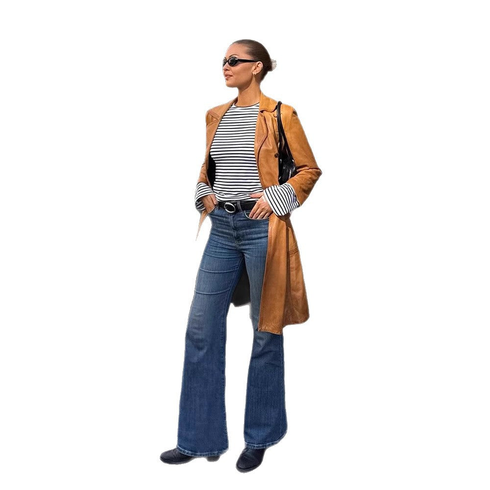 Women's Longer Tailored Leather Trench Coat with Double-Breasted Button Placket and Notched Collar Mune Fashion