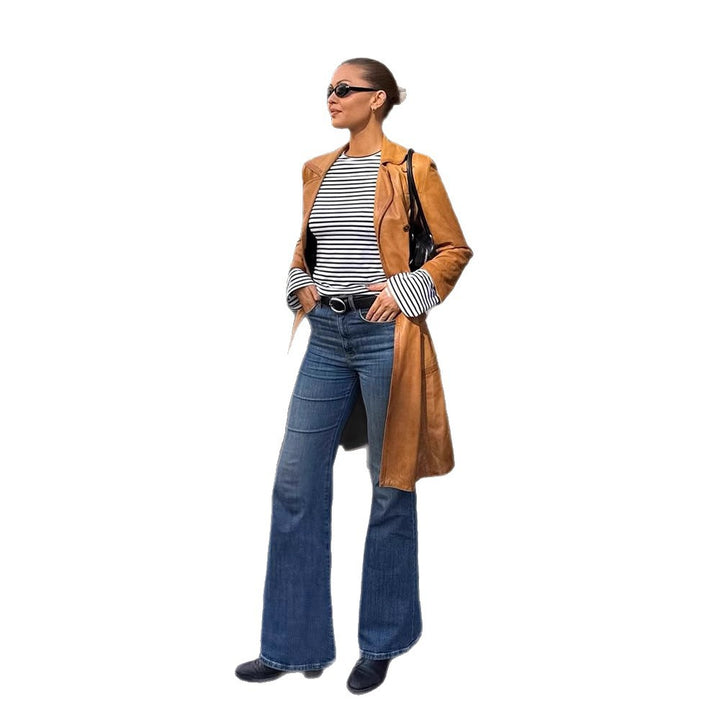 Women's Longer Tailored Leather Trench Coat with Double-Breasted Button Placket and Notched Collar Mune Fashion
