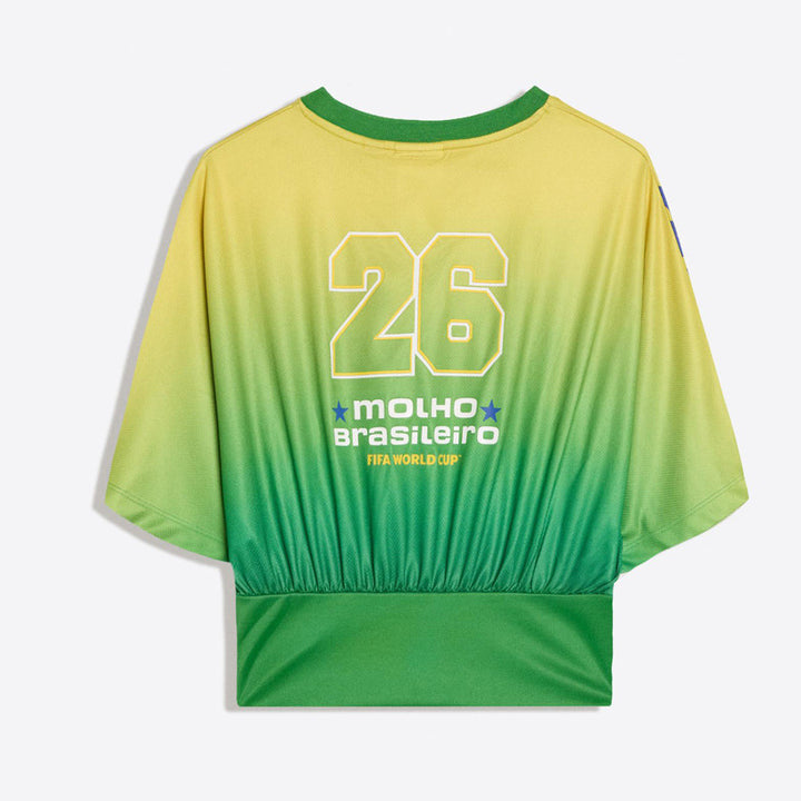 Women’s tailored retro soccer crop shirt with V-neck, elastic hem, and embroidered lettering Mune Fashion