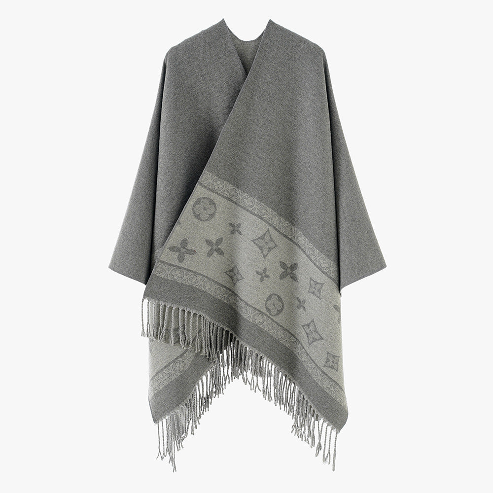 Women's Oversized Rectangular Poncho made of Wool Blend with Woven Jacquard Border and Fringed Hem Mune Fashion