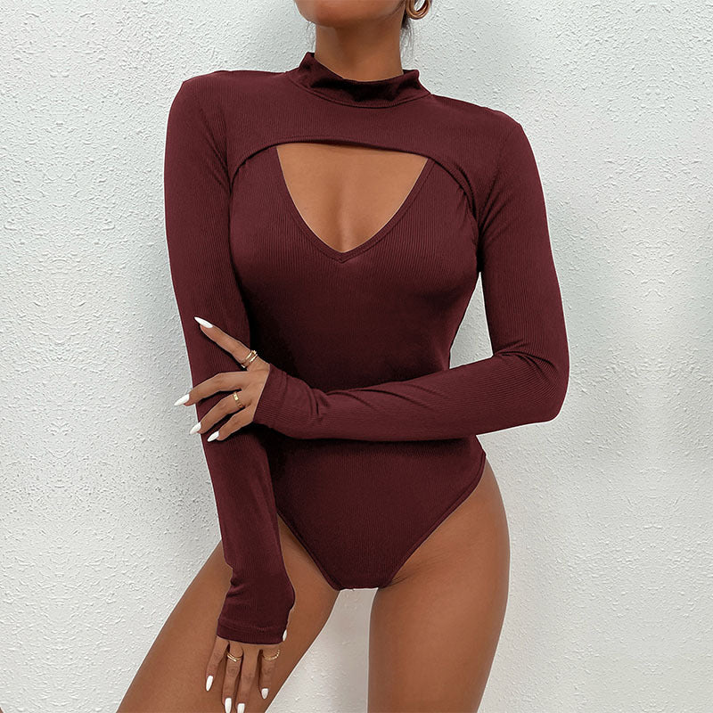 Women Figure-hugging Ribbed Bodysuit with Cut-Out, Stand-up Collar and Long Sleeves Mune Fashion