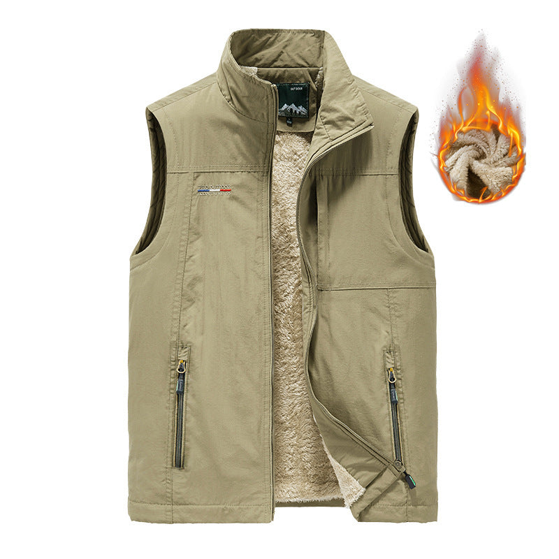 Men's Windproof Canvas Vest with Teddy Fleece Lining and Stand Collar Mune Fashion