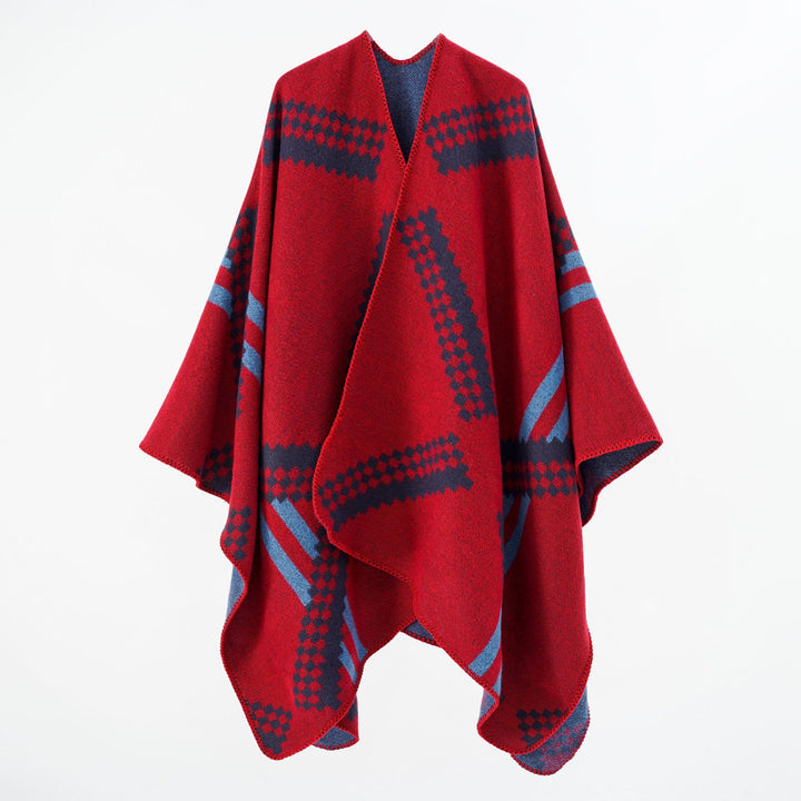 Women's Oversized Poncho Cape made of Wool Blend with Geometric Jacquard and Decorative Stitching Mune Fashion