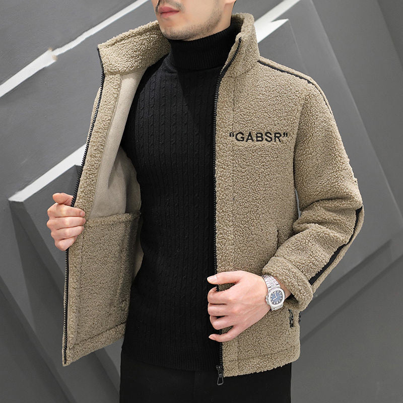 Men's Teddy Fleece Blouson with Stand Collar, Zipper and Contrast Stripes Mune Fashion