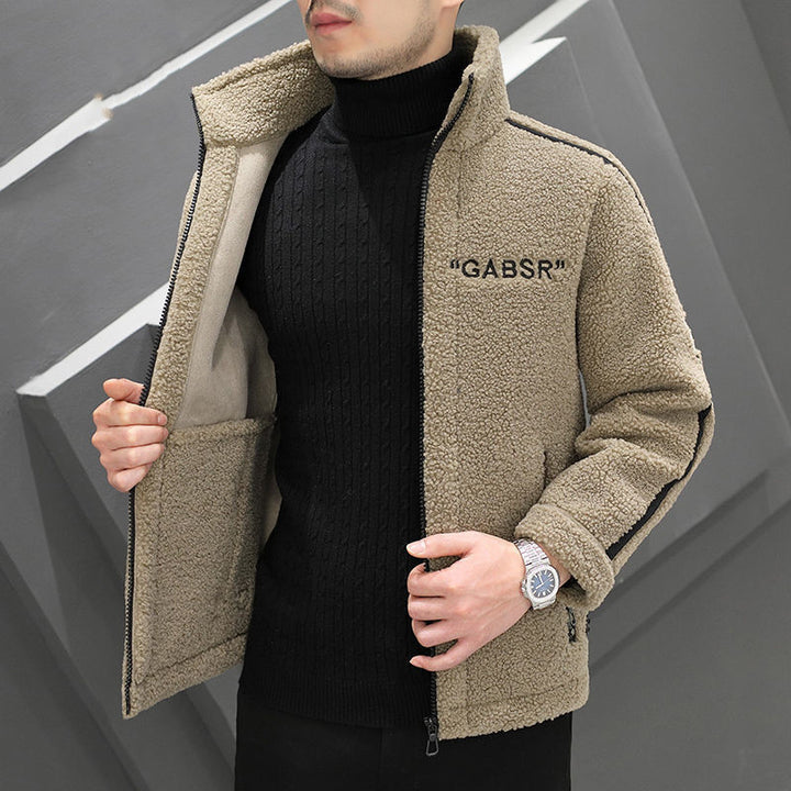 Men's Teddy Fleece Blouson with Stand Collar, Zipper and Contrast Stripes Mune Fashion