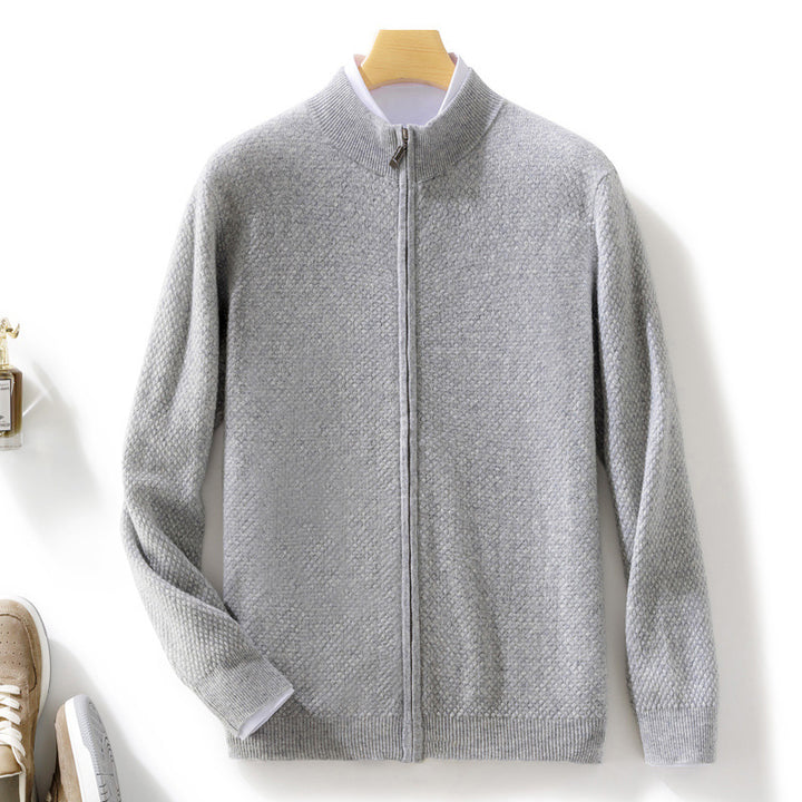 Men's Fine Structured Cardigan with Stand-Up Collar and Full-Length Zipper Mune Fashion