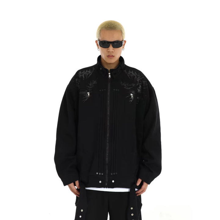 Men's Oversized Utility Jacket with Embroidery, Stand Collar, Zipper and Long Straps Mune Fashion